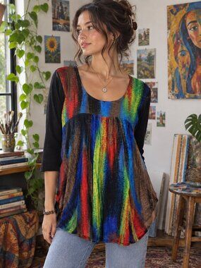 Creation Vibrant Abstract Art Print 3/4 Sleeve Tunic Top Size S